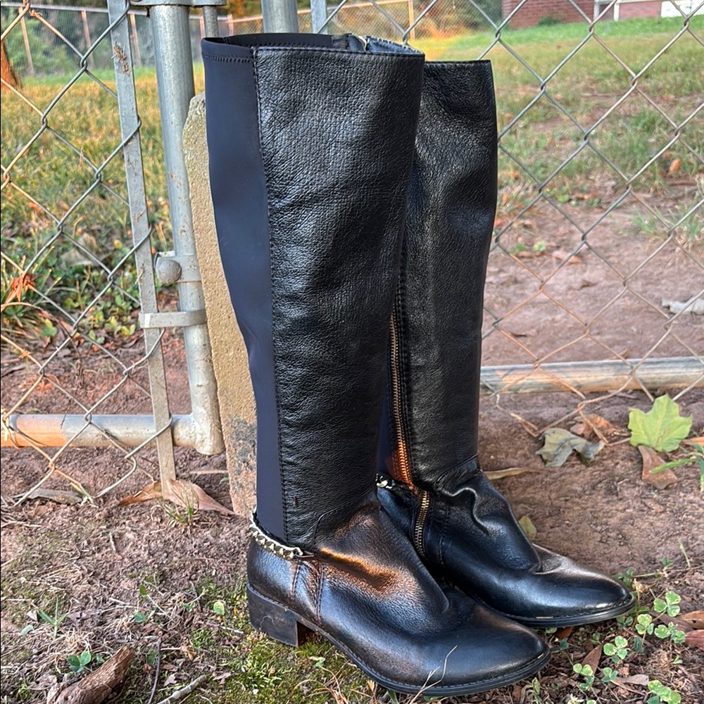 Steve Madden "Lesli" black leather knee-high boots low block heel gold accent